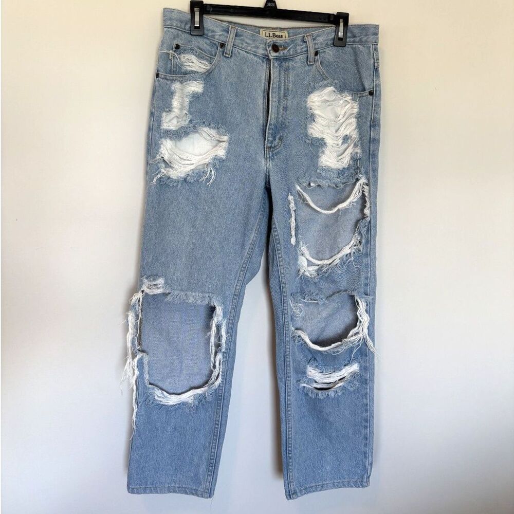 LL Bean Classic Fit Distressed Light Blue Denim Jeans (32" Waist)
